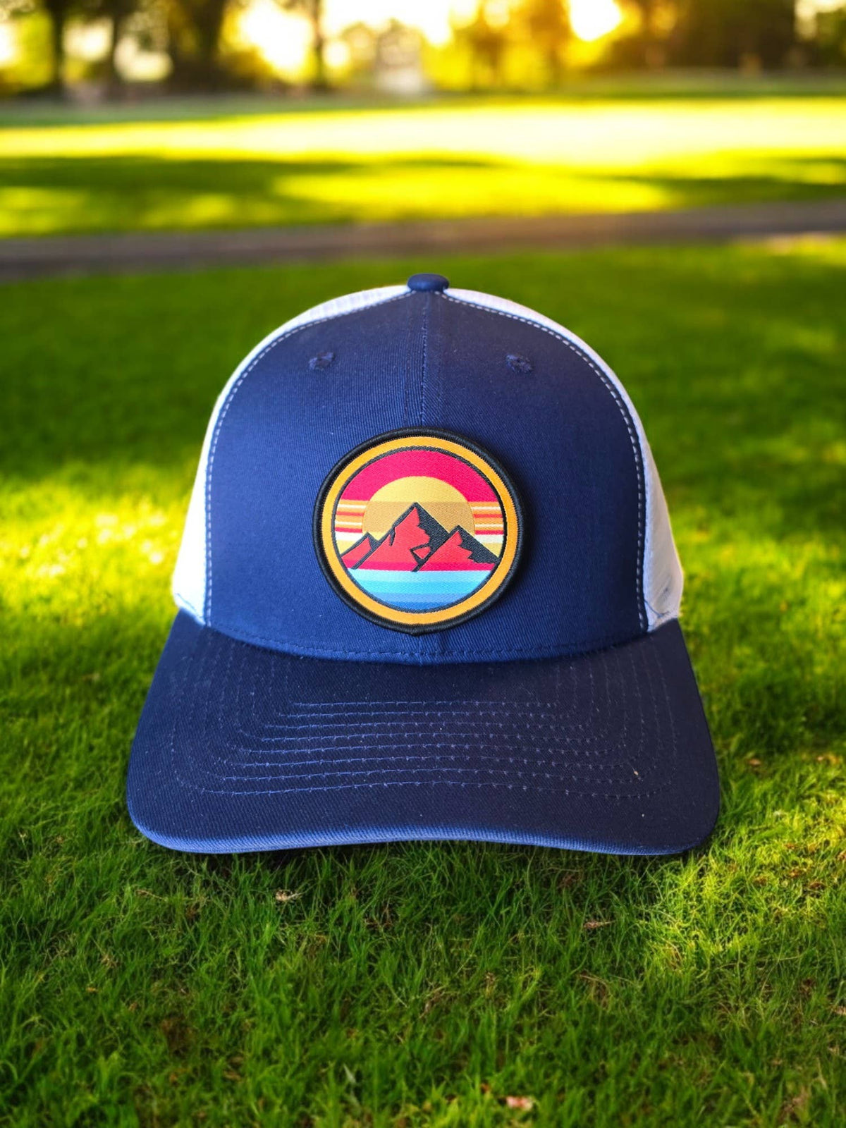 Retro Mountain Trucker Hat – Sunset Landscape Patch