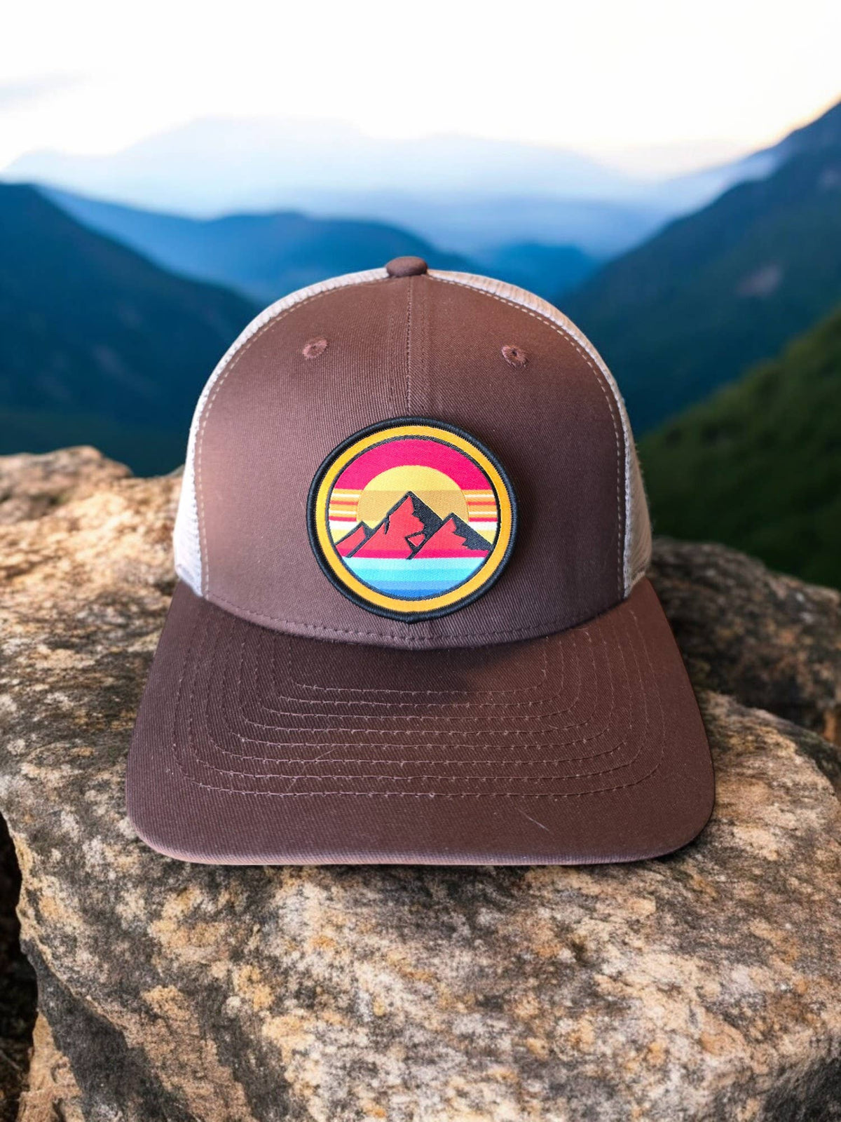 Retro Mountain Trucker Hat – Sunset Landscape Patch